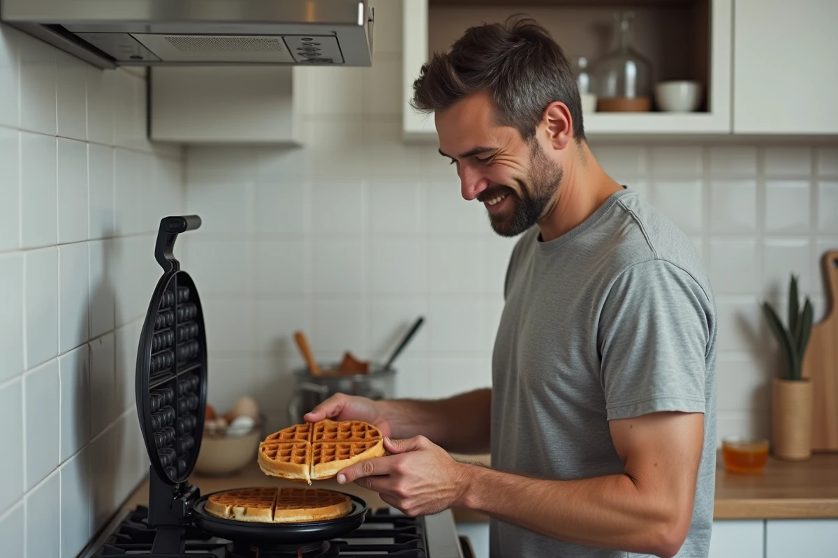 Homme ouvrant un gaufrier pour vérifier la cuisson d'une gaufre dorée, cuisine moderne en arrière-plan
