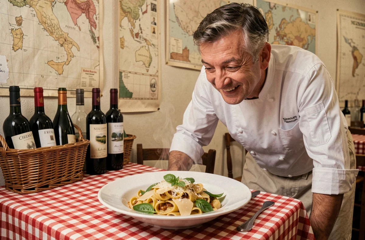 Chef du restaurant Il Piatto à Nemours présentant un plat de pâtes fraîches dans une salle au décor italien authentique