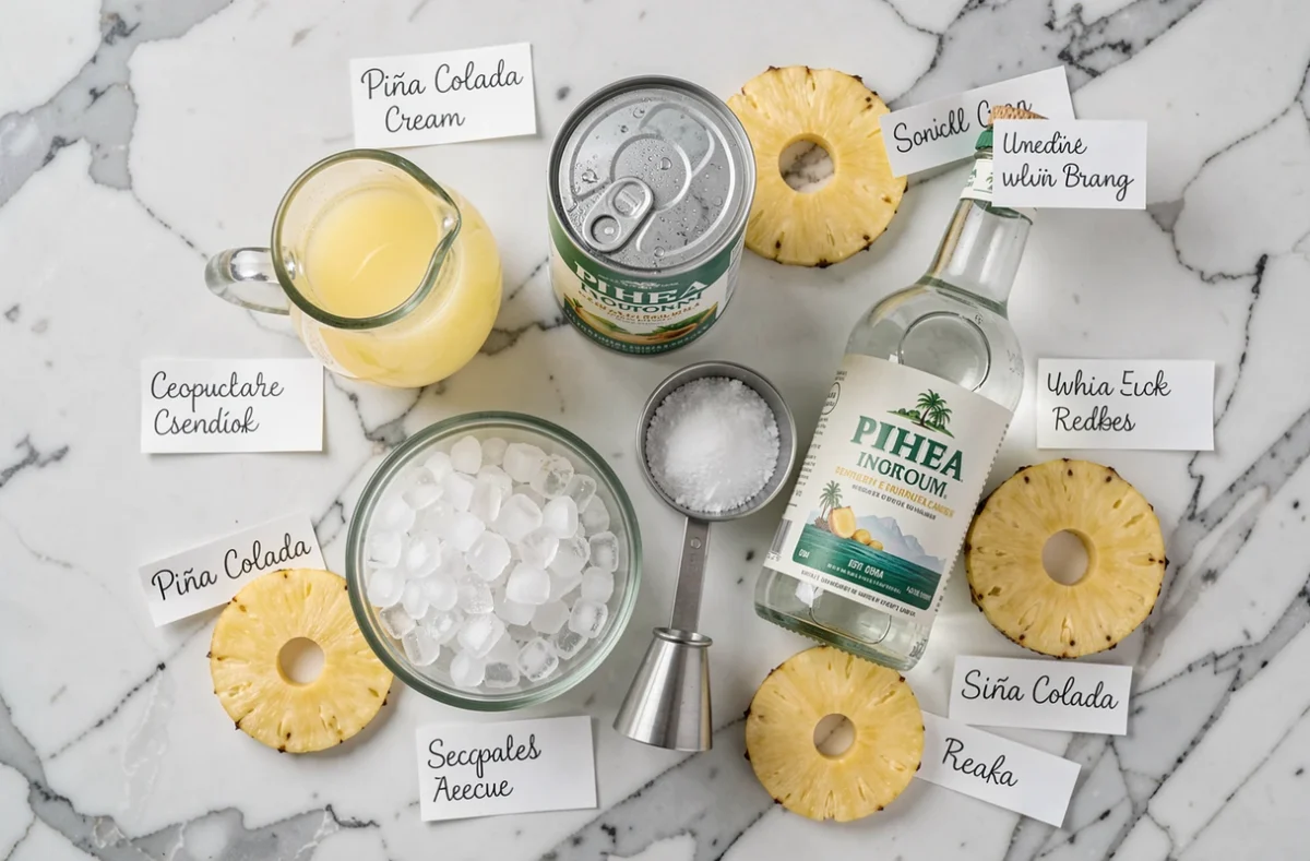 Vue de dessus des ingrédients mesurés pour un cocktail Piña Colada sur marbre blanc avec jigger et rhum blanc