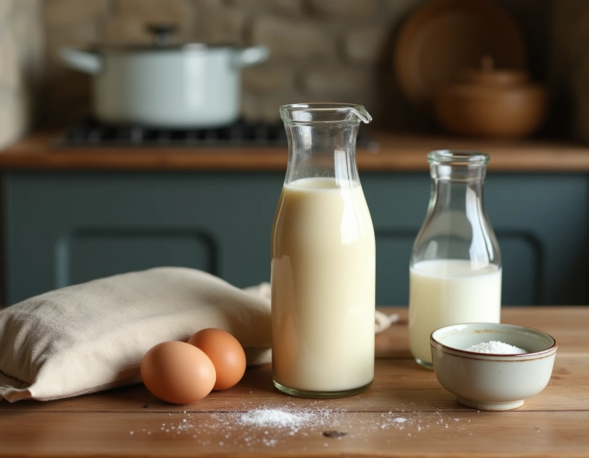 Ingrédients pour préparer une pâte à crêpes avec 500g de farine et 1 litre de lait disposés sur une table en bois rustique