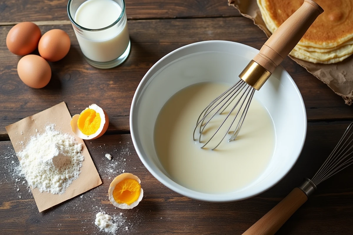 Vue de dessus d'un verre de lait, d'œufs et d'un bol de pâte à crêpes mesurés sans balance sur une table en bois