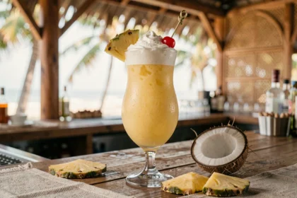 Cocktail Piña Colada servi dans un verre hurricane avec ananas frais et noix de coco sur un comptoir de bar en bois