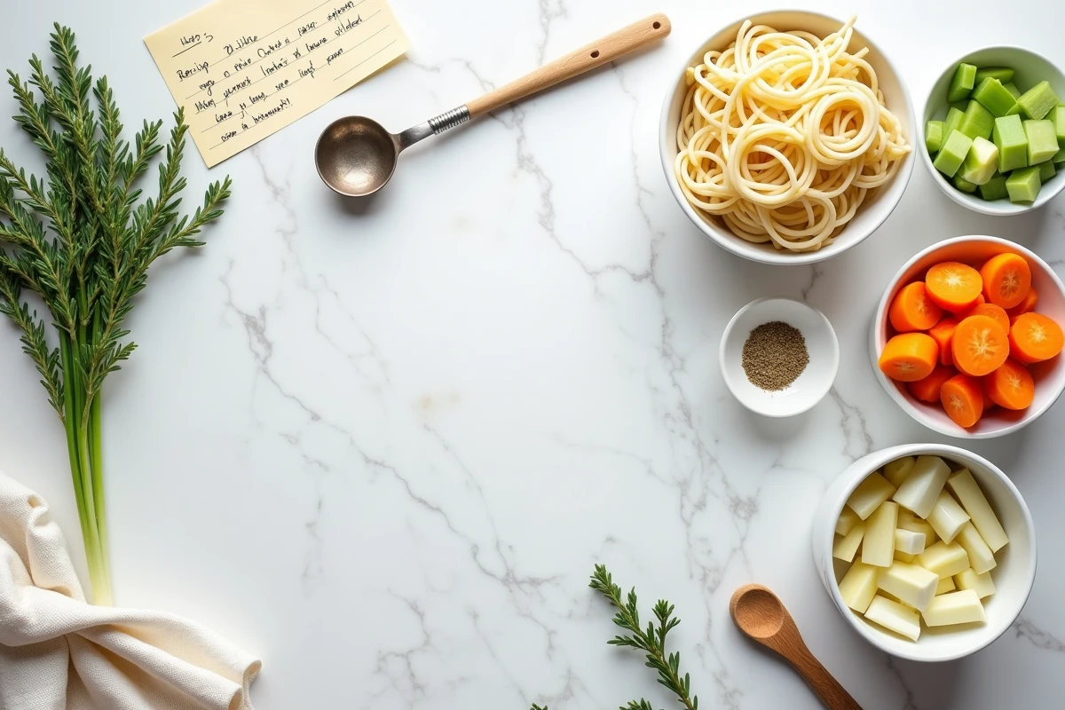 Vue de dessus des ingrédients pour soupe vermicelle sans gluten sur marbre blanc : vermicelles de riz, légumes frais, thym et fiche de recette manuscrite