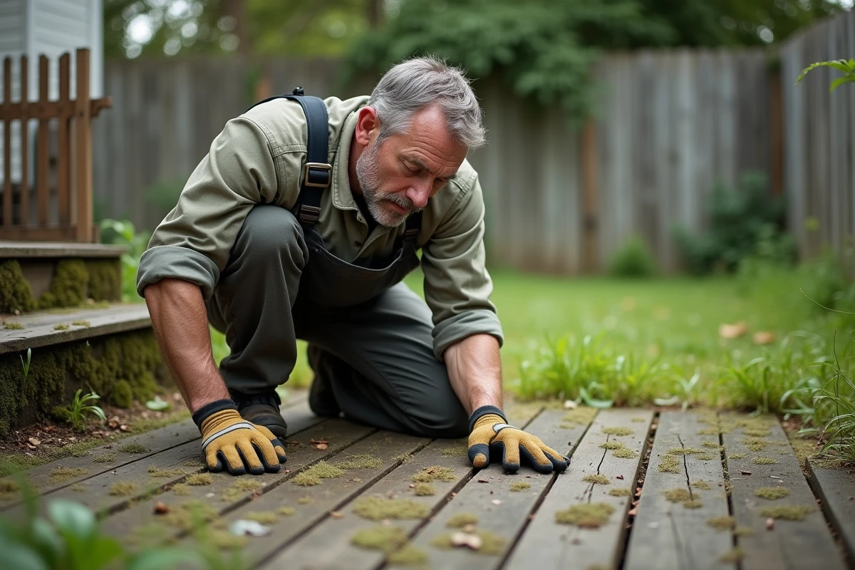 Homme en salopette inspectant un pont en bois dégradé