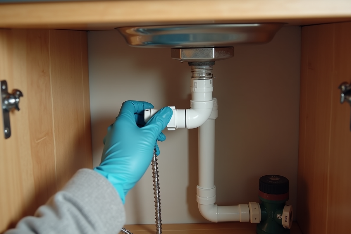 Main en gants installant un siphon PVC sous un meuble de cuisine