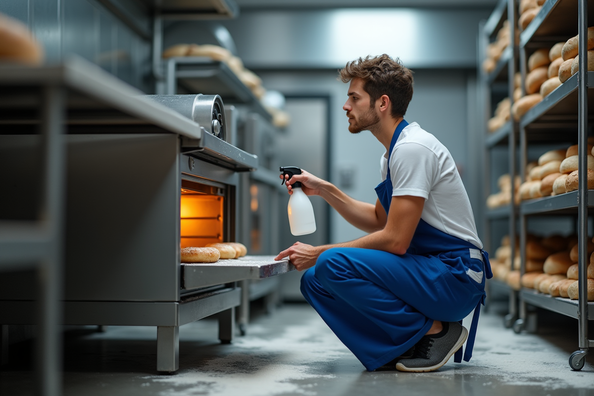 Jeune homme en tablier bleu vaporisant un four professionnel