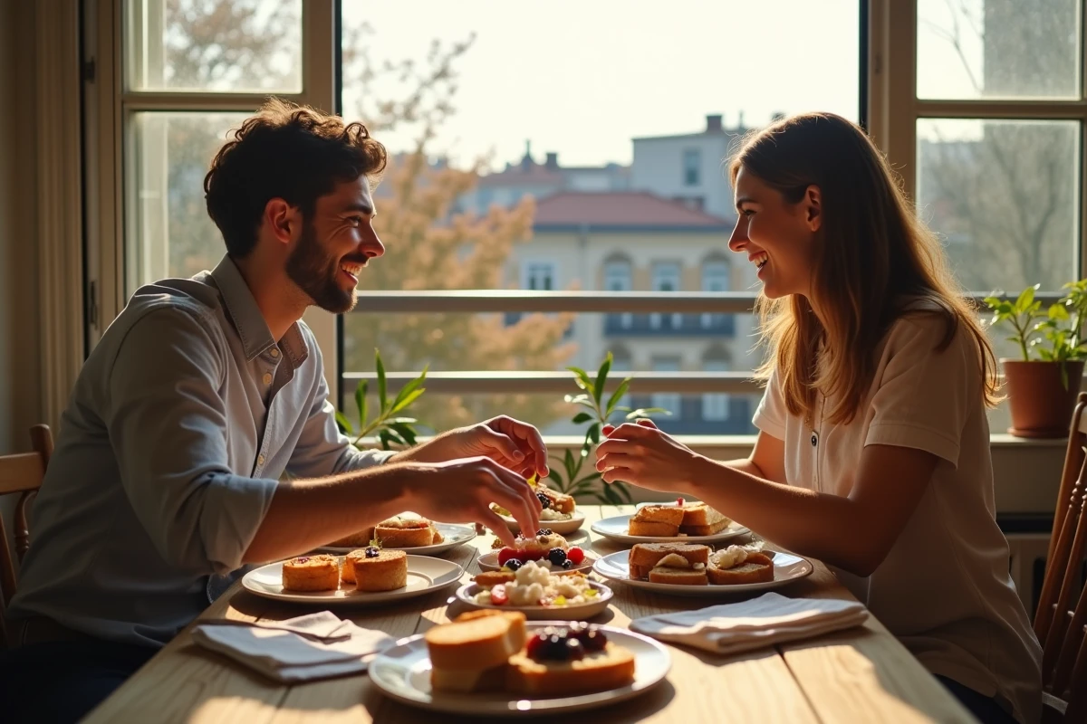 Jeune couple riant en préparant des mini sandwiches sur un balcon urbain