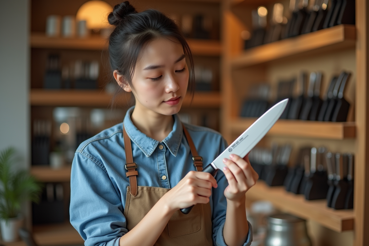 Jeune femme tenant un couteau japonais dans une boutique culinaire