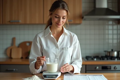 Jeune femme en cuisine compare des poids de farine et lait