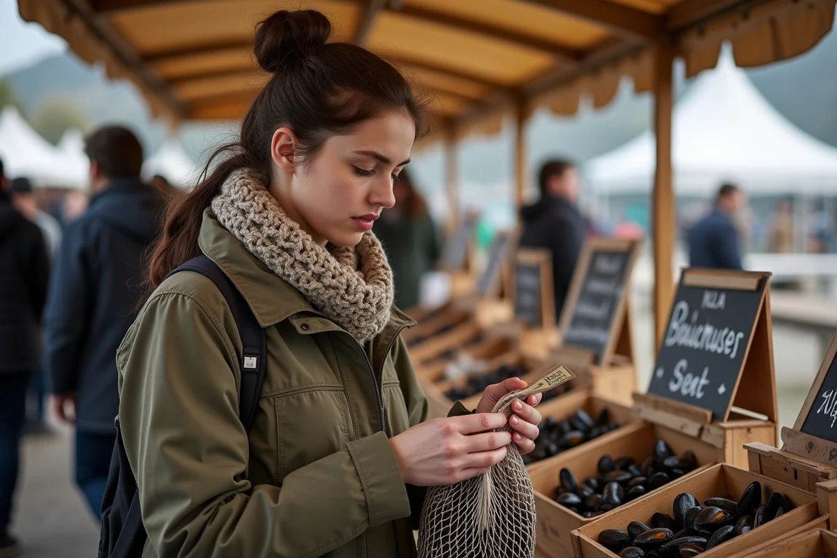 Jeune femme inspectant un sac de moules au marché