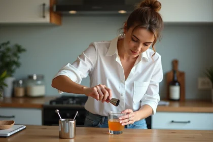Jeune femme verse un liquide dans un verre à cocktail dans une cuisine moderne