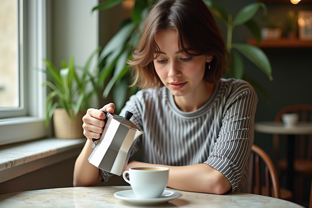 Jeune femme versant du café dans une tasse au café en intérieur