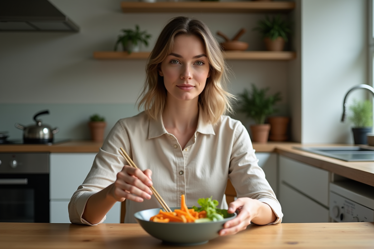 Jeune femme en cuisine préparant une salade colorée