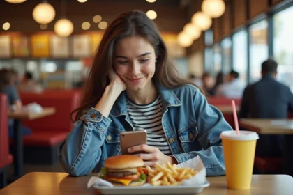 Jeune femme en denim regardant son smartphone au restaurant