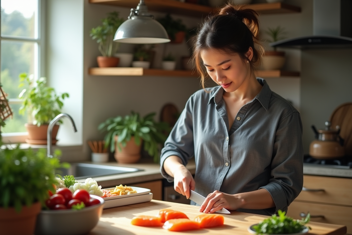 Jeune femme prépare des sushis dans une cuisine lumineuse