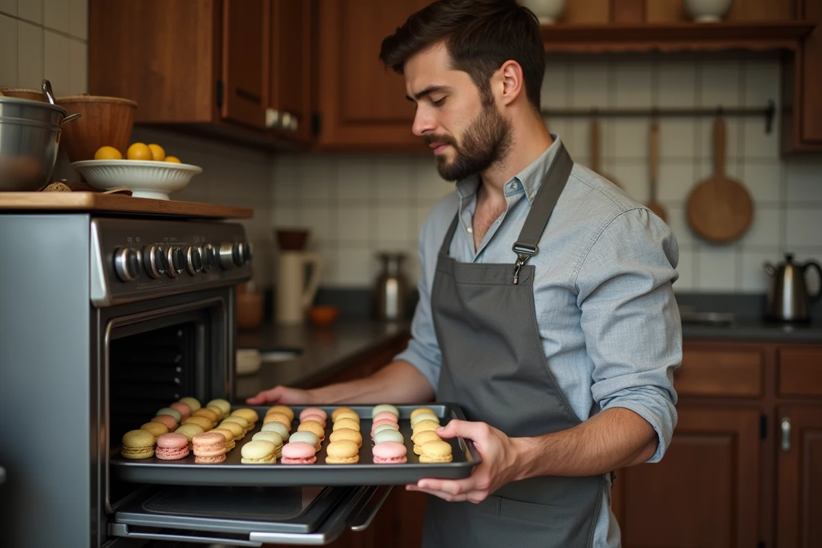 Jeune homme sortant des macarons du four dans une cuisine parisienne