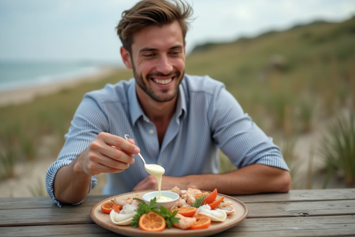 Jeune homme dégustant mayonnaise au bord de la mer lors d