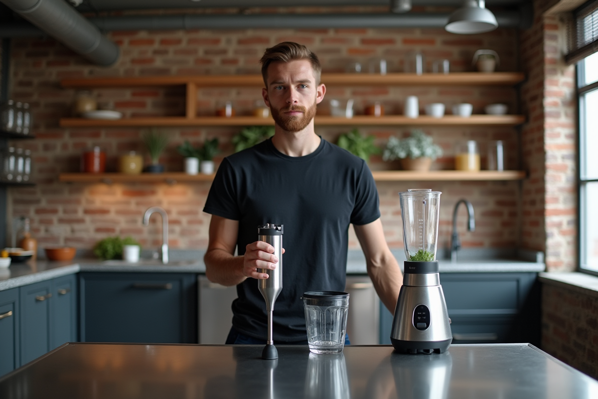 Jeune homme comparant deux blenders dans un loft industriel