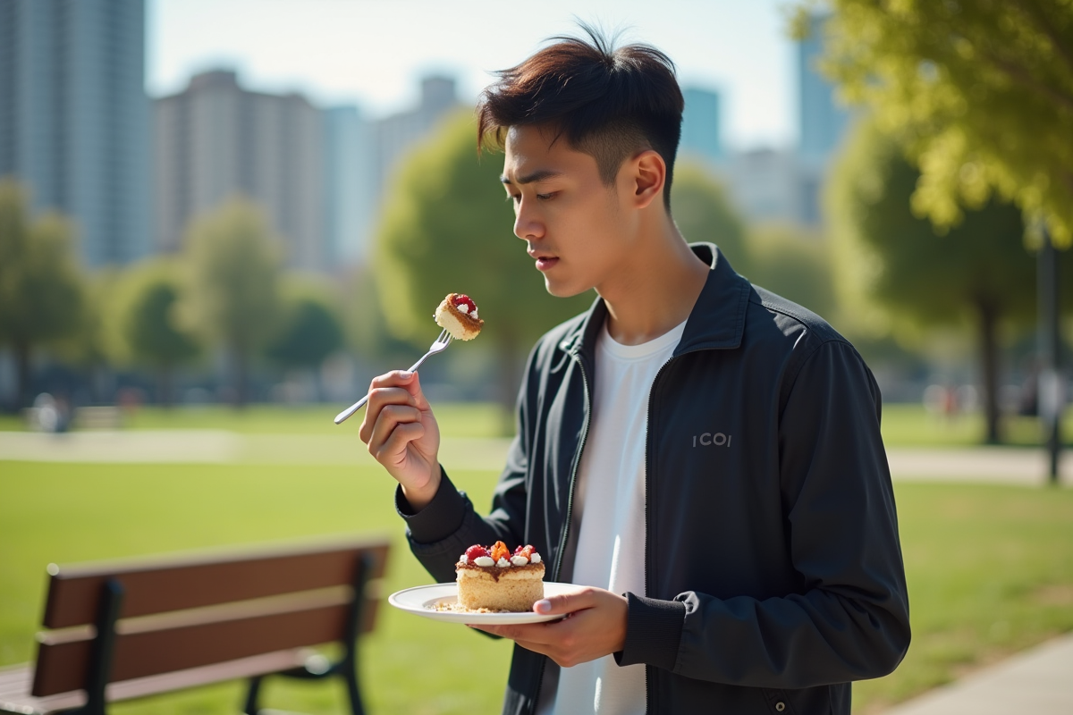 Jeune homme savourant un dessert dans un parc urbain ensoleille