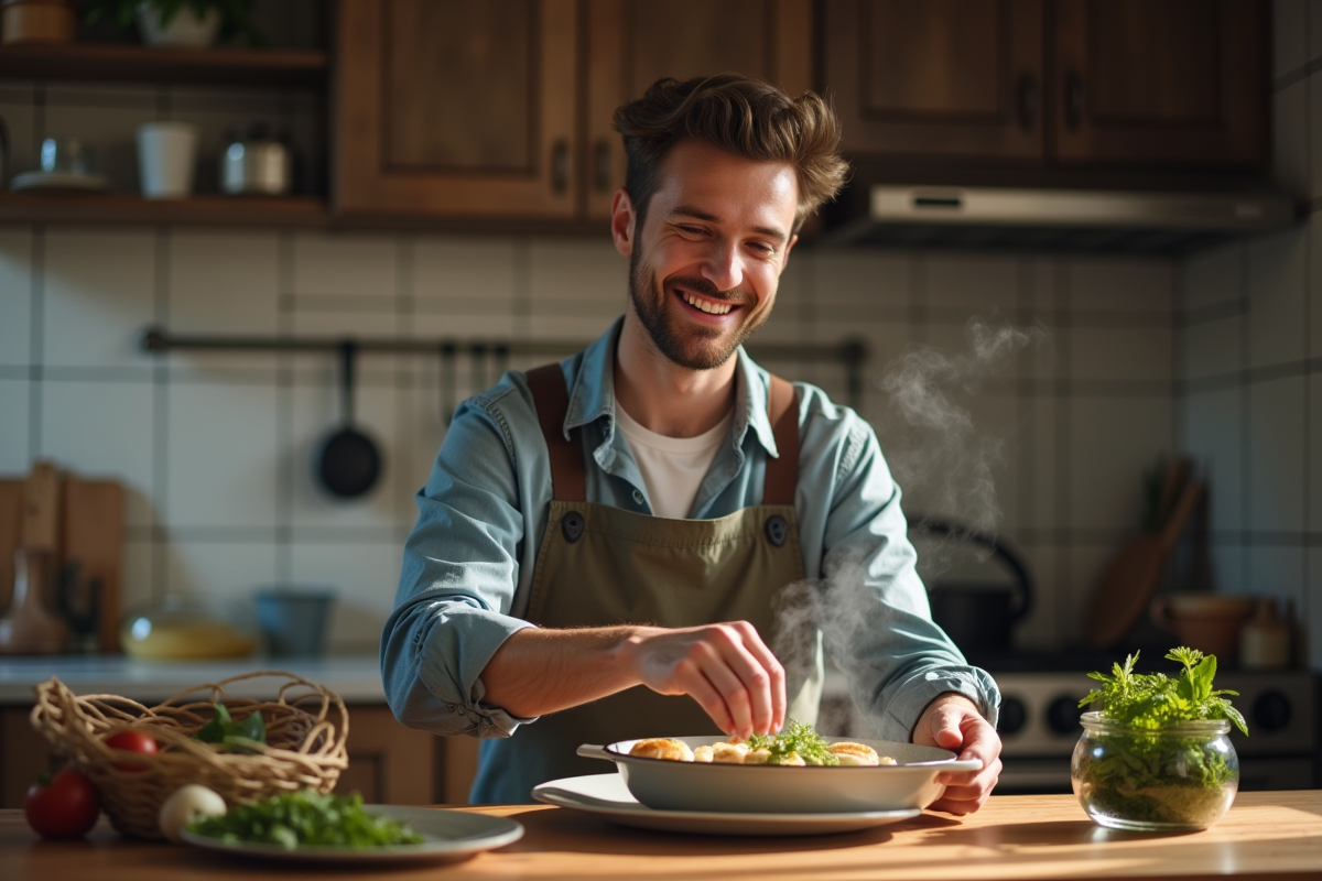 Jeune homme ajoutant des herbes dans un plat en cuisine