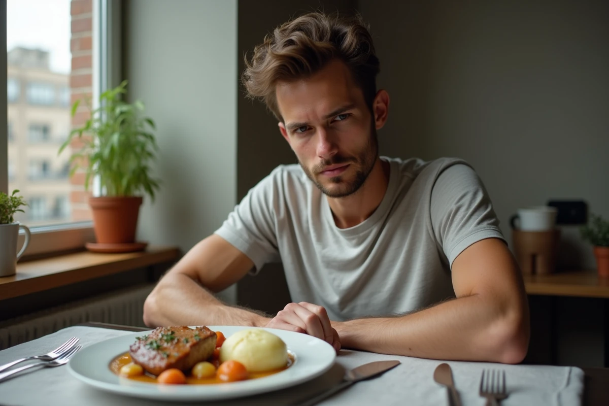 Jeune homme dégustant une paupiette dans un appartement urbain