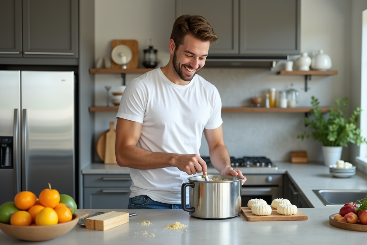Jeune homme souriant utilisant un robot culinaire dans une cuisine moderne