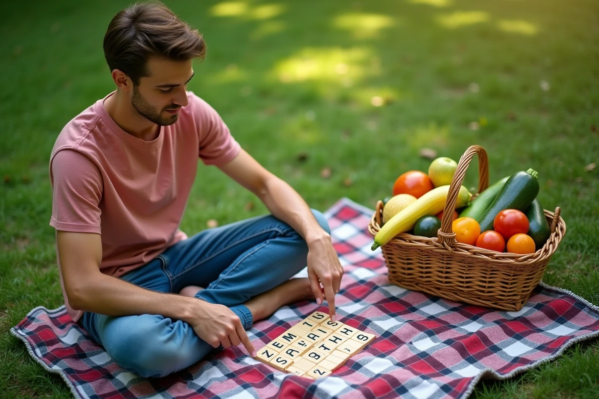 Jeune homme dans un parc avec un plateau de Scrabble et des fruits Z