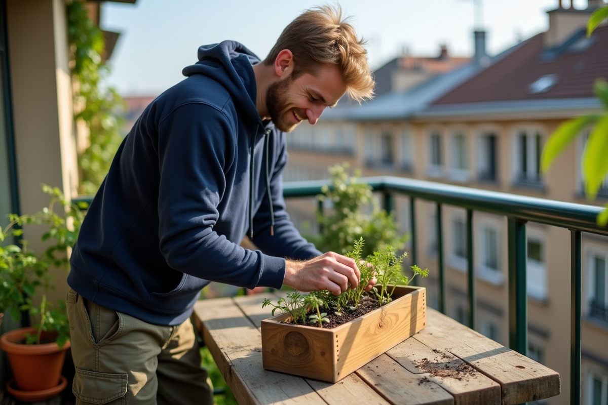 Jeune homme plantant des herbes dans un balcon urbain
