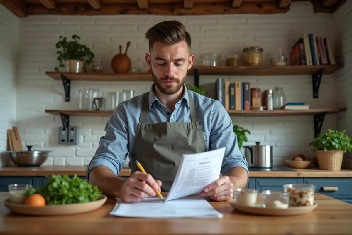 Jeune homme consulte une recette dans une cuisine rustique