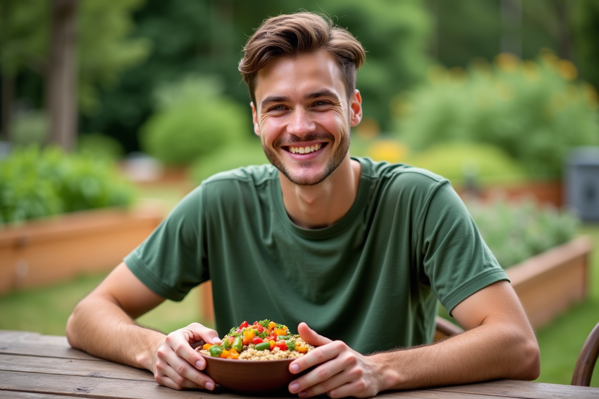 Jeune homme dégustant un bol de légumes dans un jardin