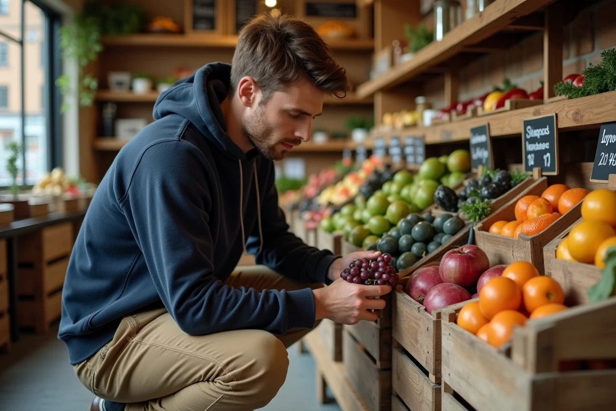 Jeune homme examinant des raisins dans une boutique