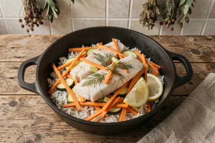 Julienne de poisson en one pot avec riz et petits légumes dans une cocotte en fonte rustique, vue de dessus