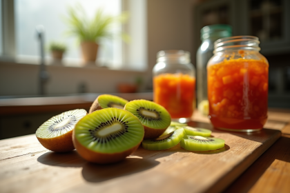 Fruits de kiwi frais coupés sur un plan de travail en bois