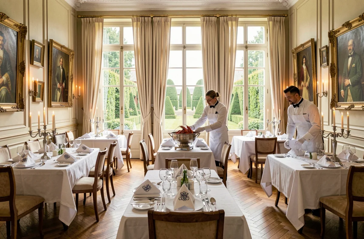Salle de restaurant gastronomique de La Licorne Royale à Lyons-la-Forêt avec décor de manoir normand et service en gants blancs
