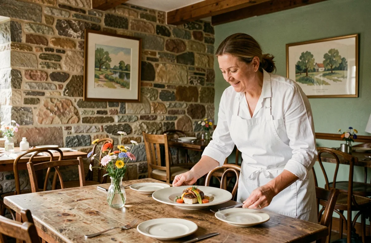 Chef présentant un plat normand dans la salle intime du restaurant La Parenthèse à Giverny