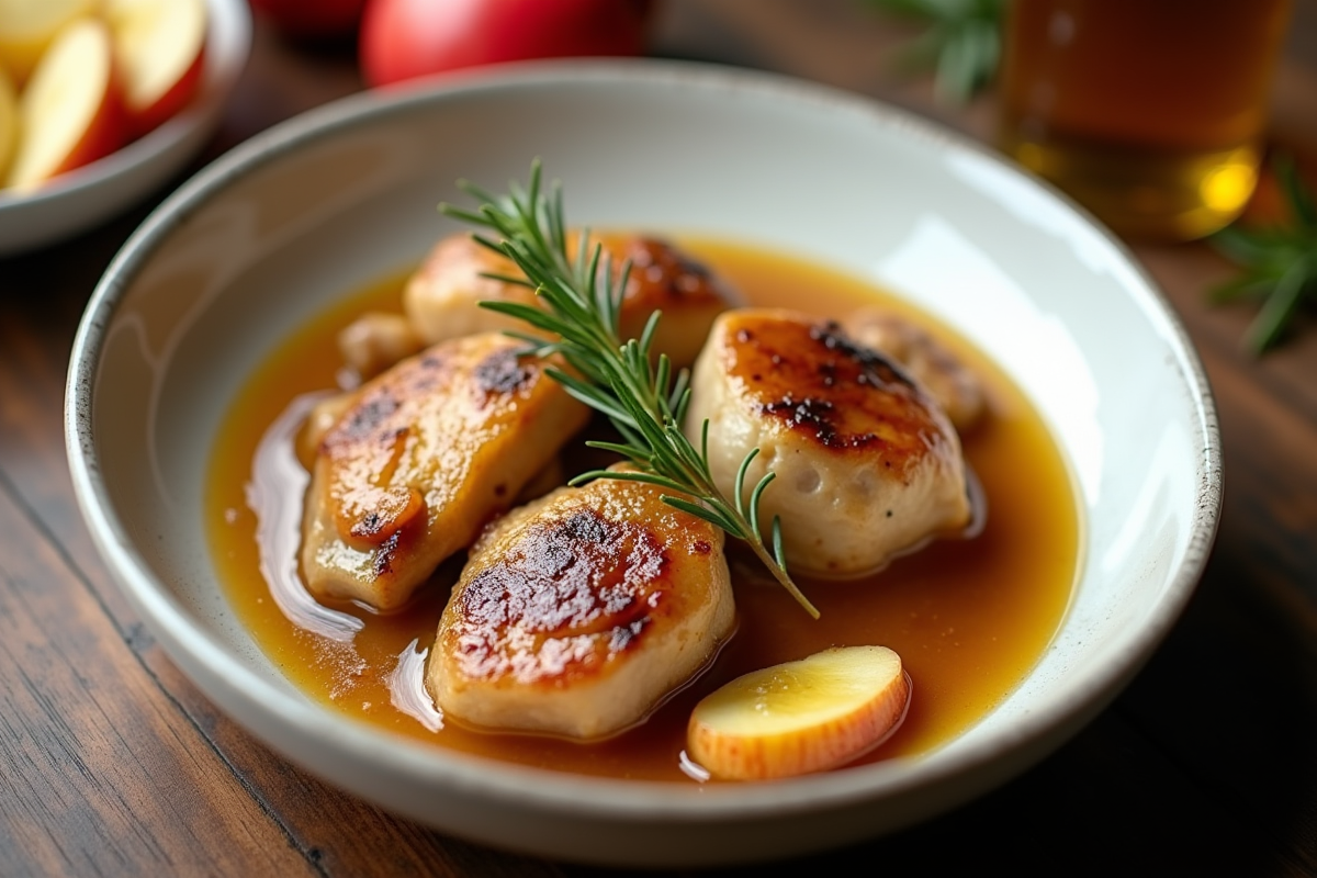 Gros plan sur le lapin en sauce cidre avec pommes et romarin