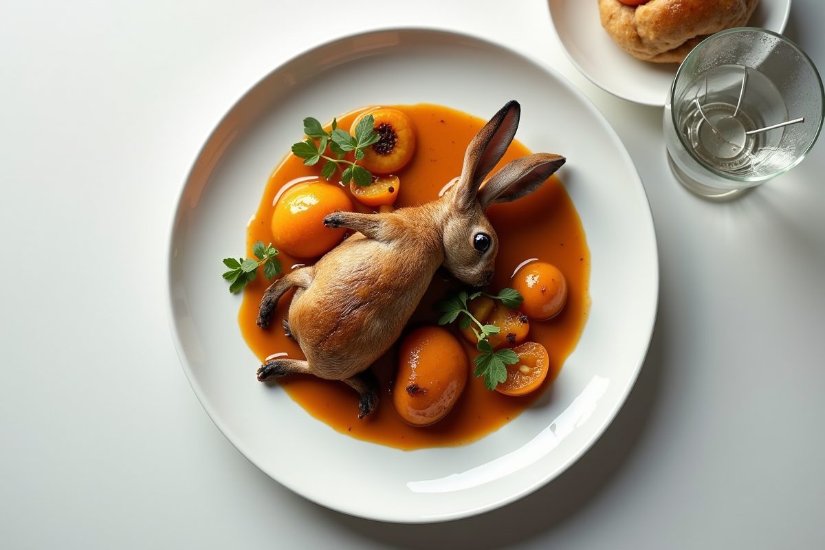 Lapin en sauce servi avec légumes de saison en vue du dessus
