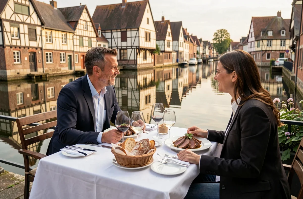 Table dressée en terrasse au Chantaco à Pont-Audemer, avec vue sur les canaux normands