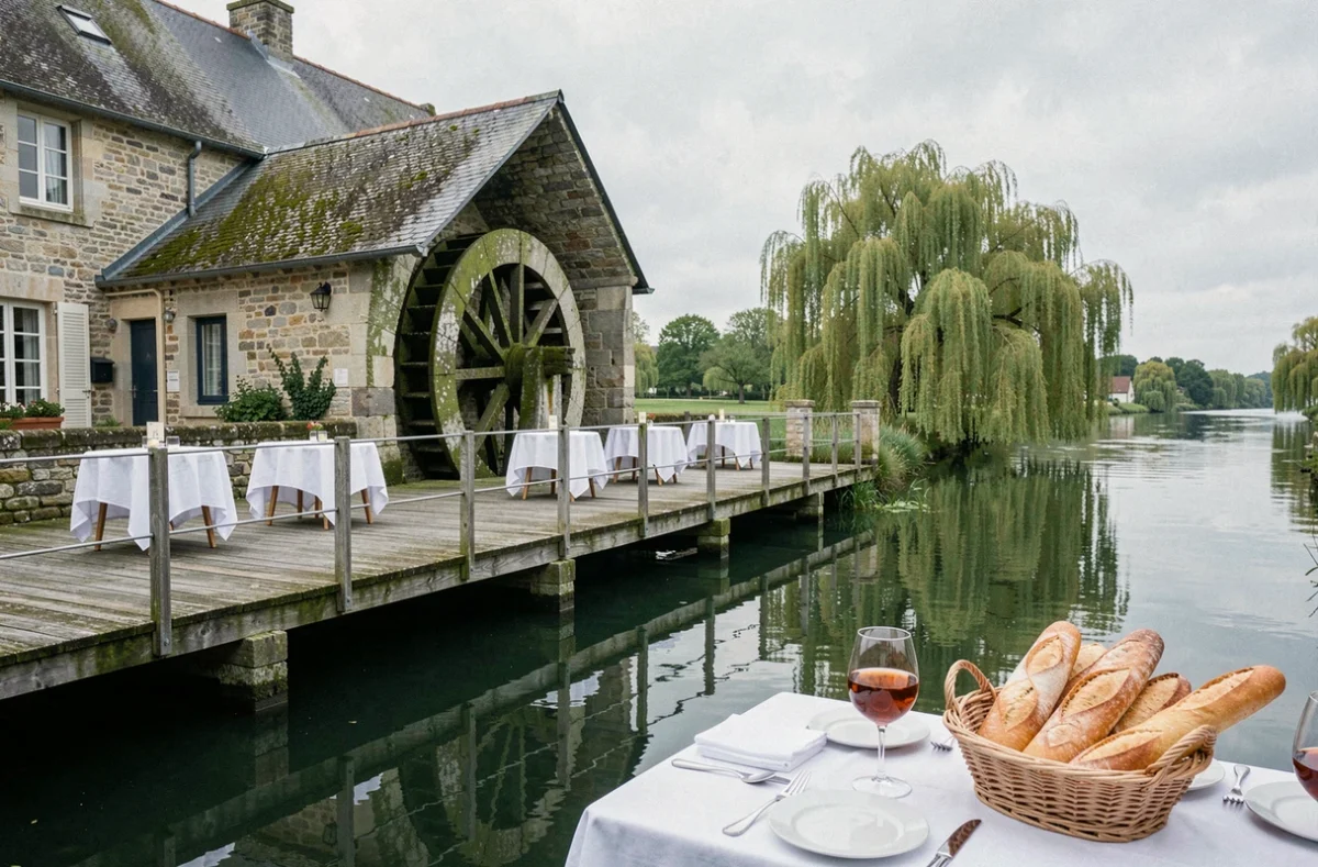 Terrasse sur l'eau du Moulin de Connelles avec roue de moulin en pierre et reflets dans la Seine normande
