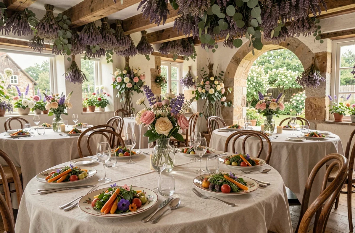 Salle du restaurant Le Temps des Fleurs à Giverny décorée de fleurs fraîches et de vaisselle peinte à la main