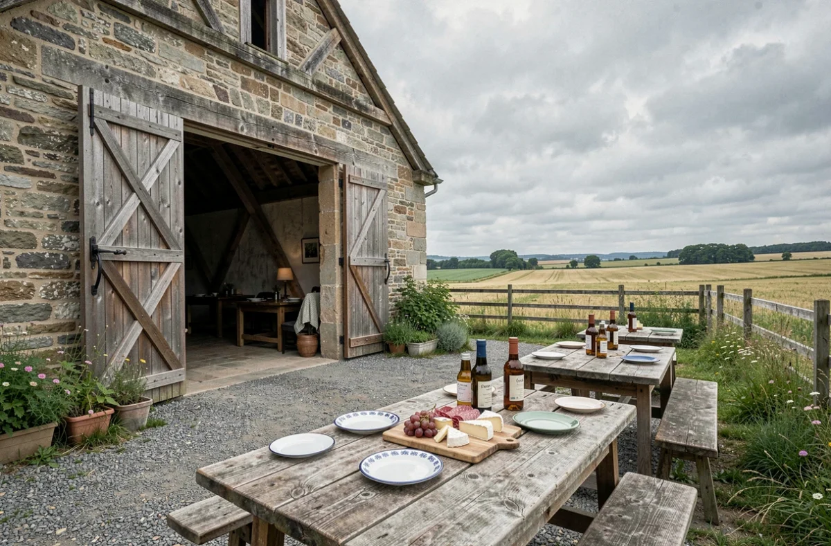 Terrasse rustique du restaurant Les Barils à Brestot dans une ancienne ferme normande avec plateau de fromages locaux