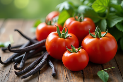 Fruits et légumes frais commençant par V sur une table en bois