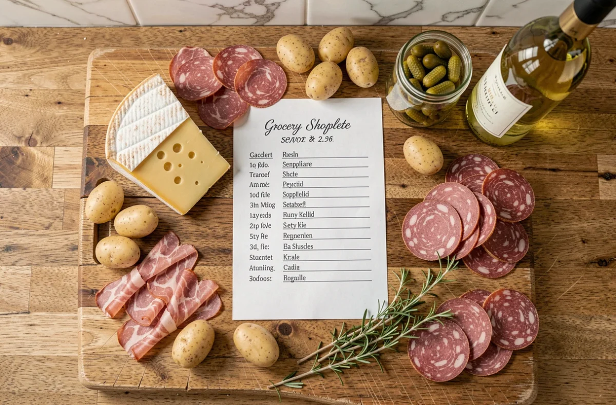 Liste de courses raclette pour 10 personnes imprimée posée sur un plan de travail en bois entouré des ingrédients typiques