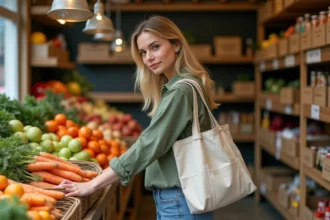 Femme faisant ses courses dans un magasin anti-gaspillage alimentaire avec des fruits et légumes imparfaits sur des étagères en bois