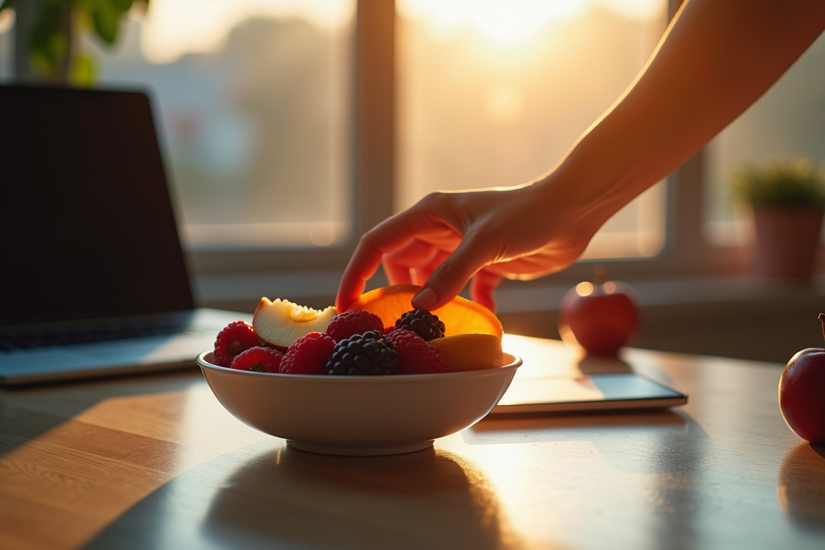 Main attrapant un bol de fruits variés sur un bureau moderne