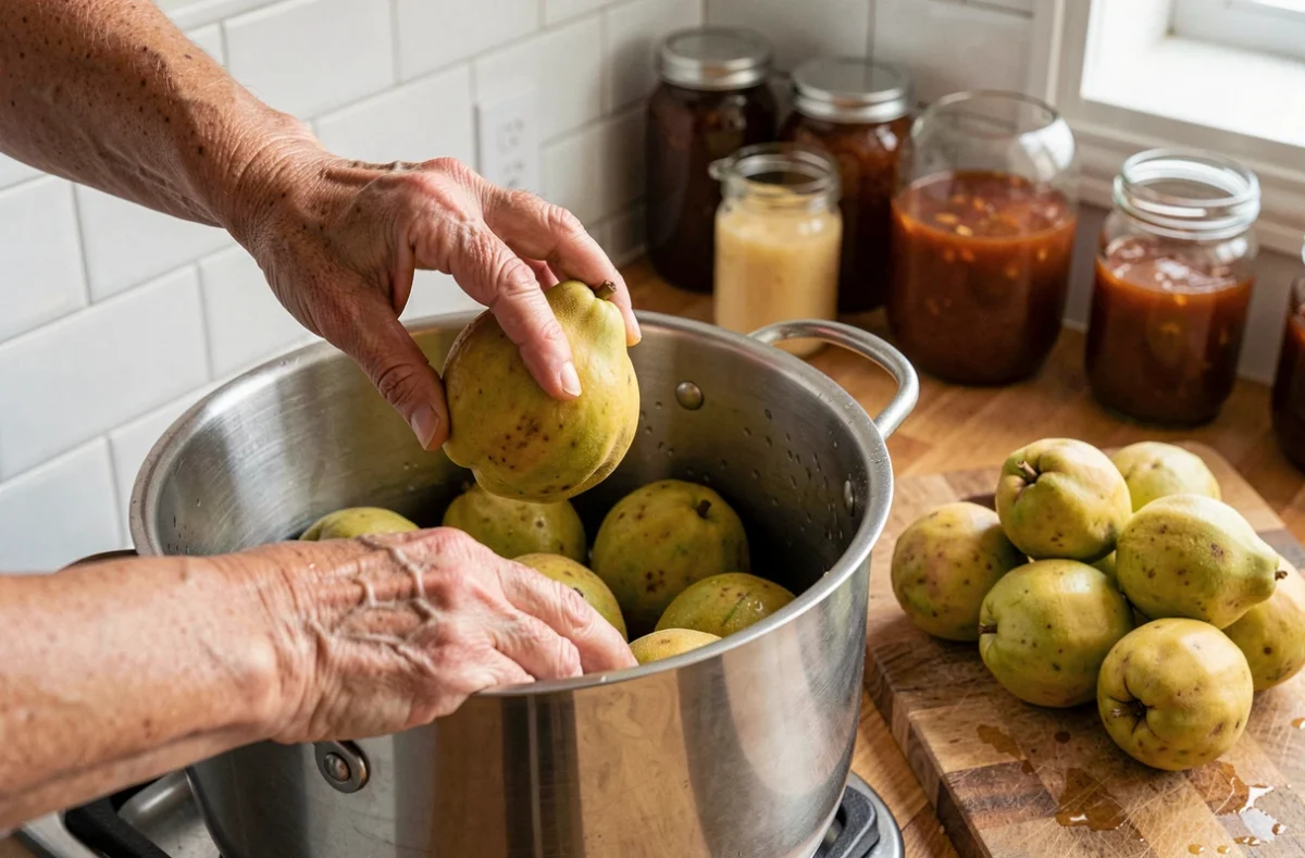 Mains féminines déposant des coings entiers non pelés dans une grande marmite pour faire de la confiture maison