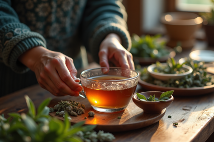 Mains d'une personne âgée préparant une tisane traditionnelle au sageretia