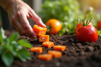 Mains plaçant des cubes de légumes dans un jardin ensoleille