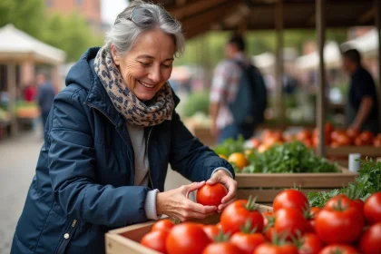 Femme souriante choisissant des tomates au marché en plein air