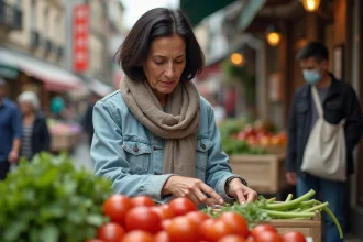 Femme sélectionnant des légumes frais au marché en ville